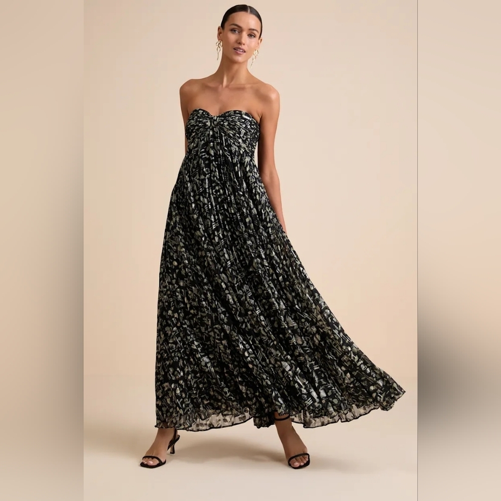Lulus Lynwen Black Abstract Pleated Strapless Maxi Dress L Wedding Party Formal - Picture 2 of 10